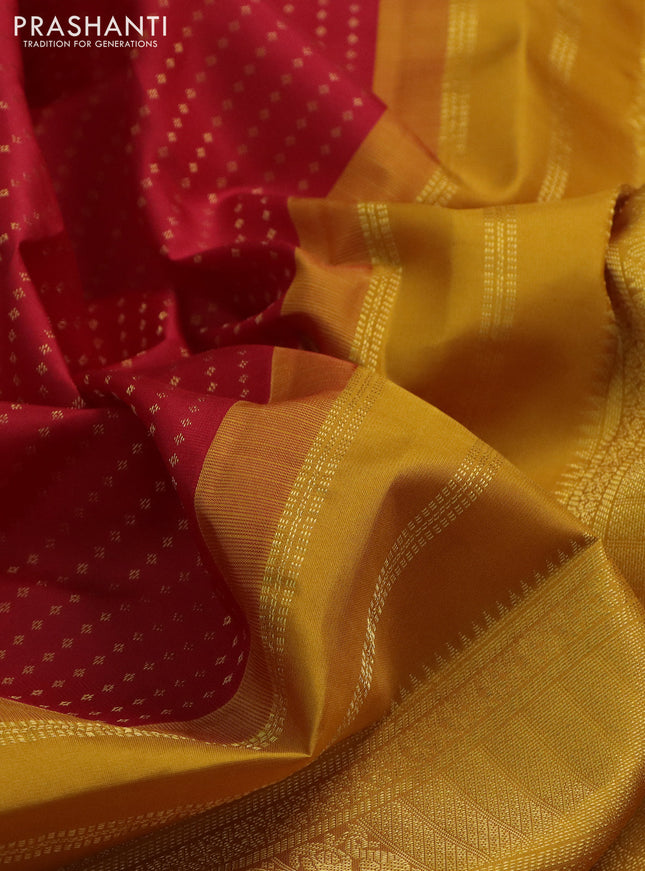 Pure kanchipuram silk saree red and mustard yellow with allover zari woven 1000 butta weaves and long zari woven korvai border