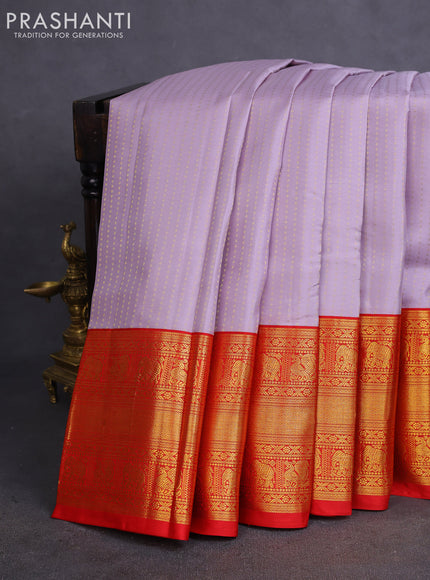 Pure kanchipuram silk saree pastel lavender and red with allover zari woven 1000 butta weaves and long zari woven korvai border