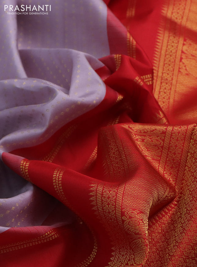 Pure kanchipuram silk saree pastel lavender and red with allover zari woven 1000 butta weaves and long zari woven korvai border