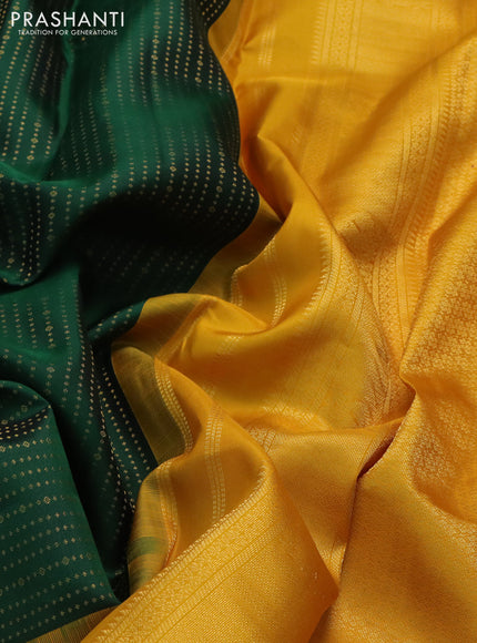 Pure kanchipuram silk saree bottle green and mustard yellow with allover zari woven 1000 butta weaves and long zari woven korvai border