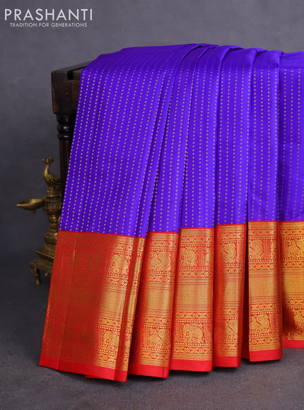 Pure kanchipuram silk saree blue and red with allover zari woven 1000 butta weaves and long zari woven korvai border