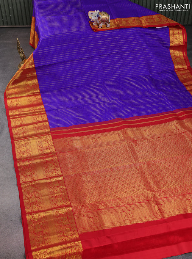 Pure kanchipuram silk saree blue and red with allover zari woven 1000 butta weaves and long zari woven korvai border