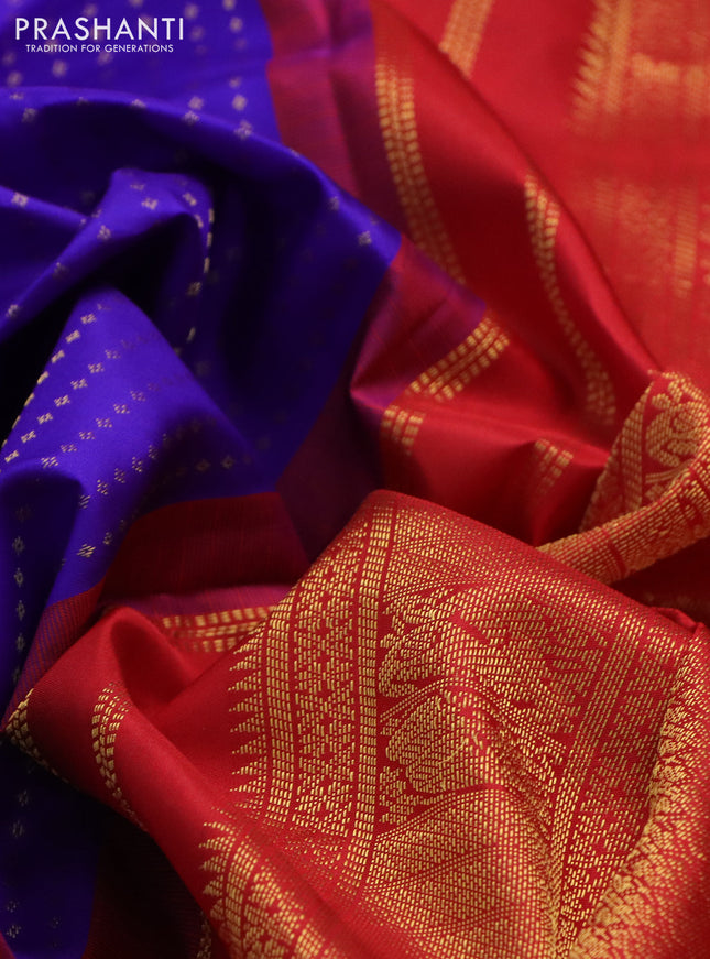 Pure kanchipuram silk saree blue and red with allover zari woven 1000 butta weaves and long zari woven korvai border