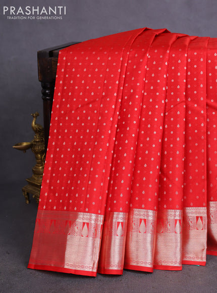 Pure kanchipuram silk saree red and teal blue with allover silver zari woven 1000 butta weaves and rich zari woven border