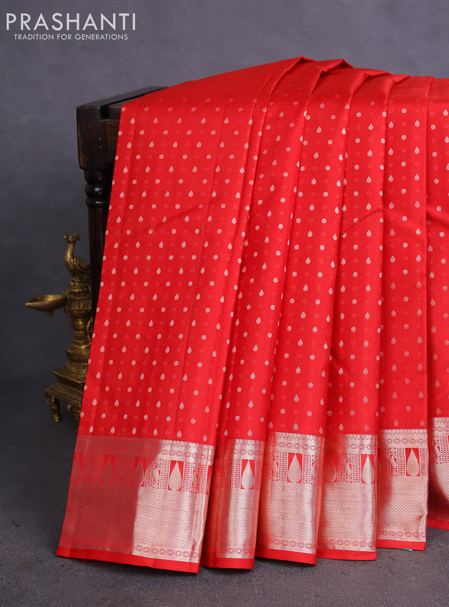 Pure kanchipuram silk saree red and teal blue with allover silver zari woven 1000 butta weaves and rich zari woven border