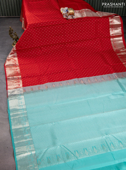 Pure kanchipuram silk saree red and teal blue with allover silver zari woven 1000 butta weaves and rich zari woven border