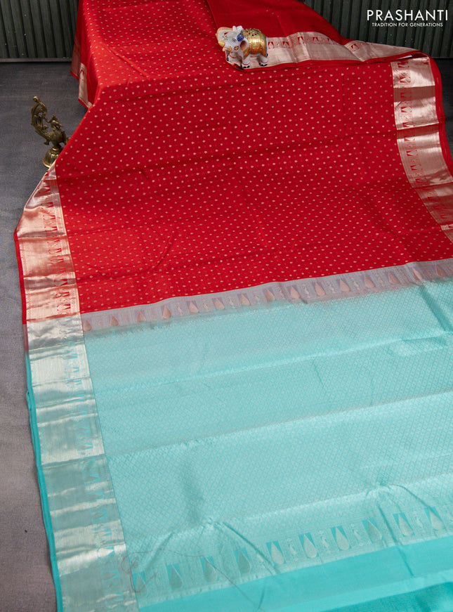 Pure kanchipuram silk saree red and teal blue with allover silver zari woven 1000 butta weaves and rich zari woven border
