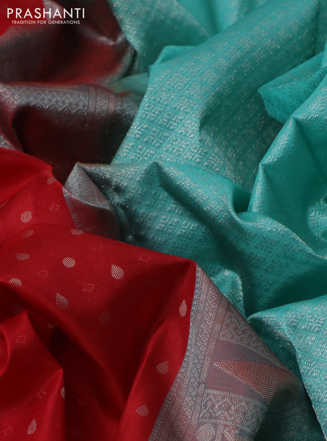 Pure kanchipuram silk saree red and teal blue with allover silver zari woven 1000 butta weaves and rich zari woven border
