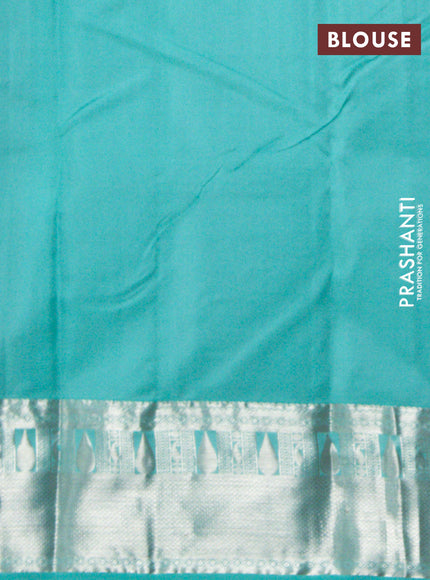 Pure kanchipuram silk saree red and teal blue with allover silver zari woven 1000 butta weaves and rich zari woven border