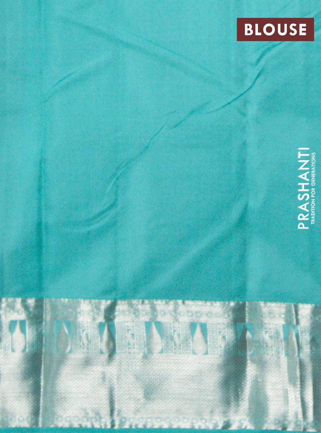 Pure kanchipuram silk saree red and teal blue with allover silver zari woven 1000 butta weaves and rich zari woven border