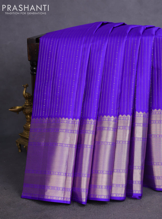 Pure kanchipuram silk saree blue with allover silver zari woven butta weaves and long rich zari woven border