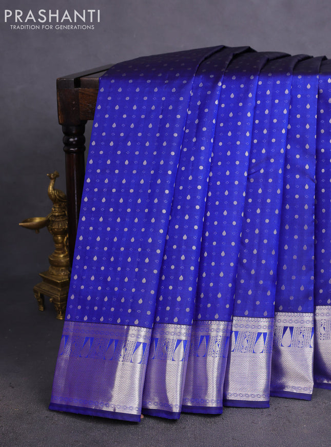 Pure kanchipuram silk saree blue and teal blue with allover silver zari woven 1000 butta weaves and rich zari woven border