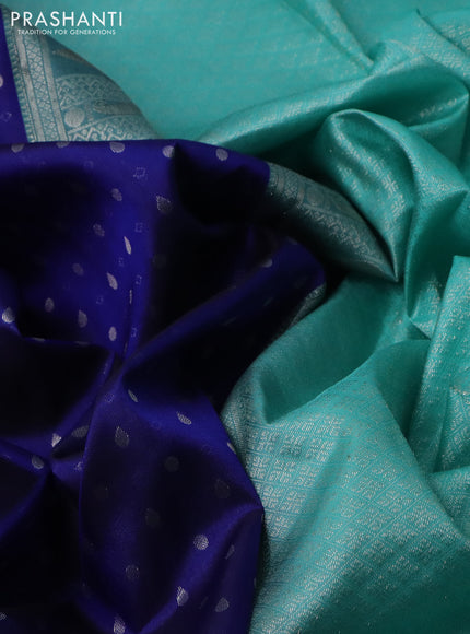 Pure kanchipuram silk saree blue and teal blue with allover silver zari woven 1000 butta weaves and rich zari woven border