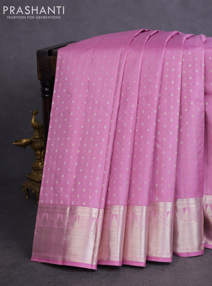 Pure kanchipuram silk saree lavender and teal blue with allover silver zari woven 1000 butta weaves and rich zari woven border