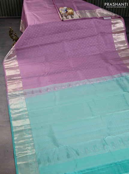 Pure kanchipuram silk saree lavender and teal blue with allover silver zari woven 1000 butta weaves and rich zari woven border