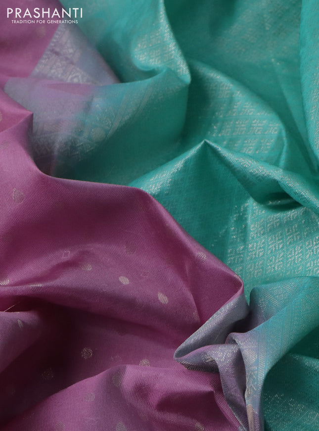 Pure kanchipuram silk saree lavender and teal blue with allover silver zari woven 1000 butta weaves and rich zari woven border