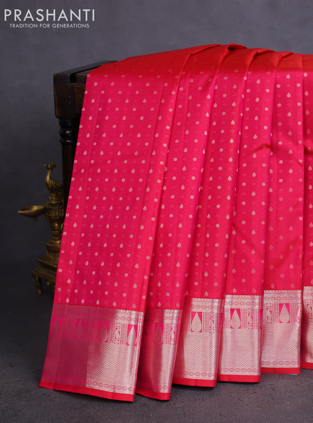 Pure kanchipuram silk saree pink and teal blue with allover silver zari woven 1000 butta weaves and rich zari woven border