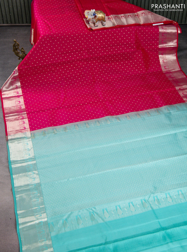 Pure kanchipuram silk saree pink and teal blue with allover silver zari woven 1000 butta weaves and rich zari woven border