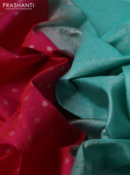 Pure kanchipuram silk saree pink and teal blue with allover silver zari woven 1000 butta weaves and rich zari woven border