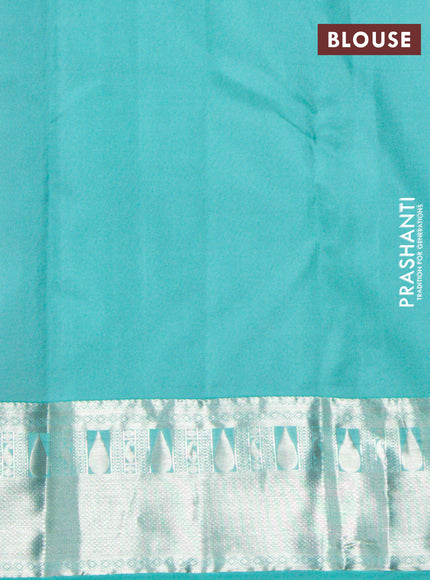 Pure kanchipuram silk saree pink and teal blue with allover silver zari woven 1000 butta weaves and rich zari woven border