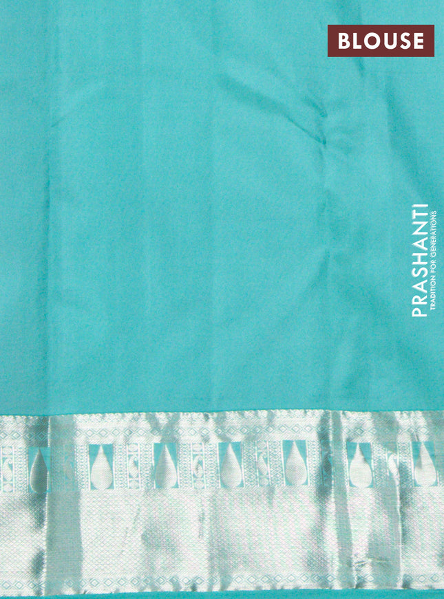 Pure kanchipuram silk saree pink and teal blue with allover silver zari woven 1000 butta weaves and rich zari woven border