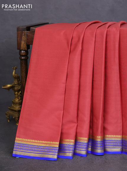 Pure mysore silk saree pastel maroon and royal blue with plain body and zari woven border