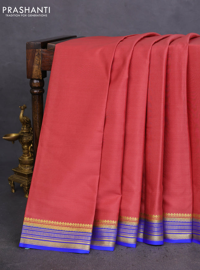 Pure mysore silk saree pastel maroon and royal blue with plain body and zari woven border