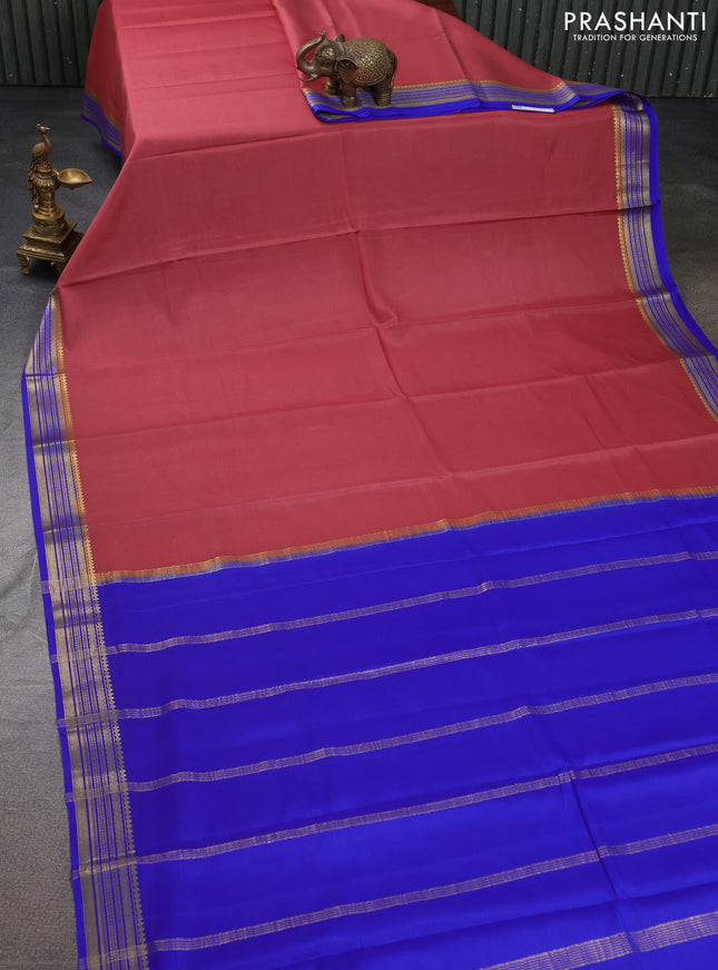 Pure mysore silk saree pastel maroon and royal blue with plain body and zari woven border