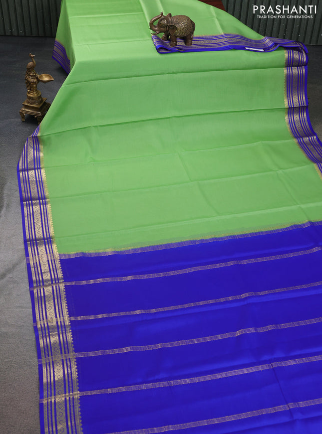 Pure mysore silk saree pista green and blue with plain body and zari woven border