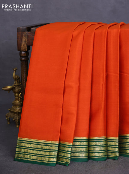 Pure mysore silk saree orange and green with plain body and zari woven border