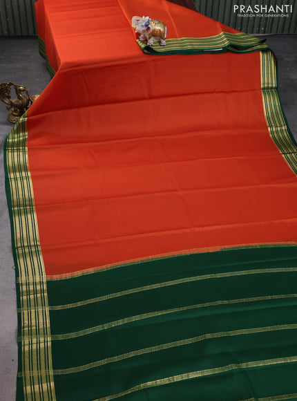 Pure mysore silk saree orange and green with plain body and zari woven border