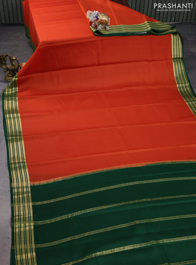 Pure mysore silk saree orange and green with plain body and zari woven border