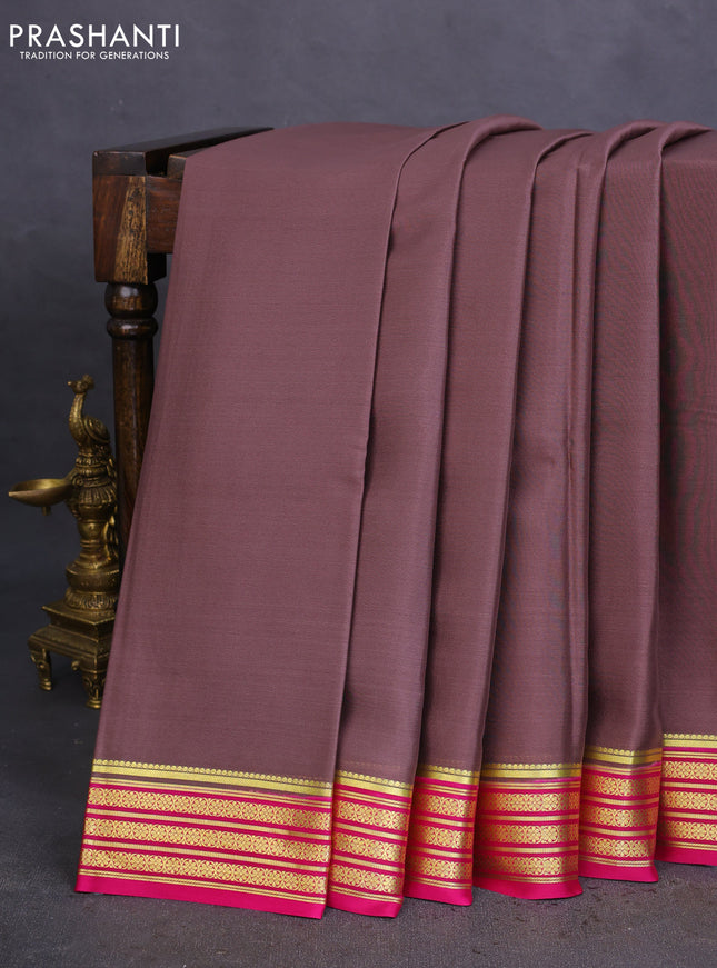 Pure mysore silk saree pastel brown and pink with plain body and zari woven border