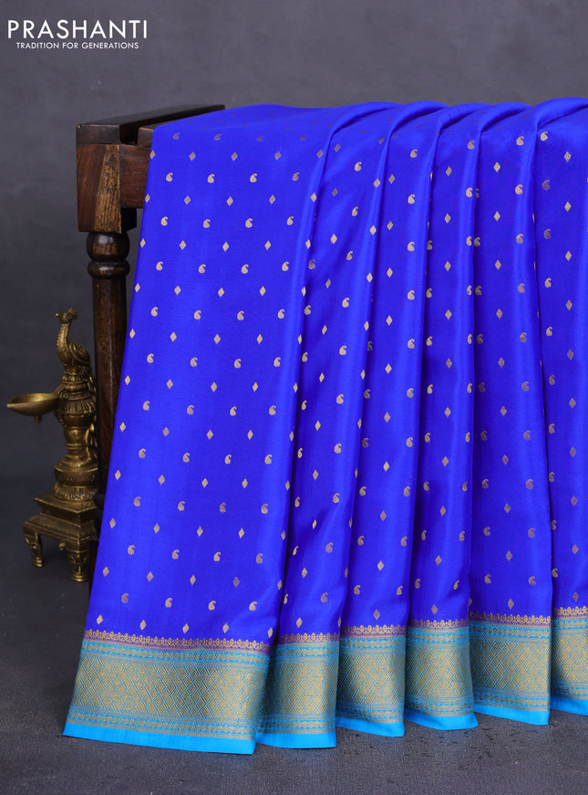 Pure mysore silk saree royal blue and cs blue with allover zari woven buttas and zari woven border