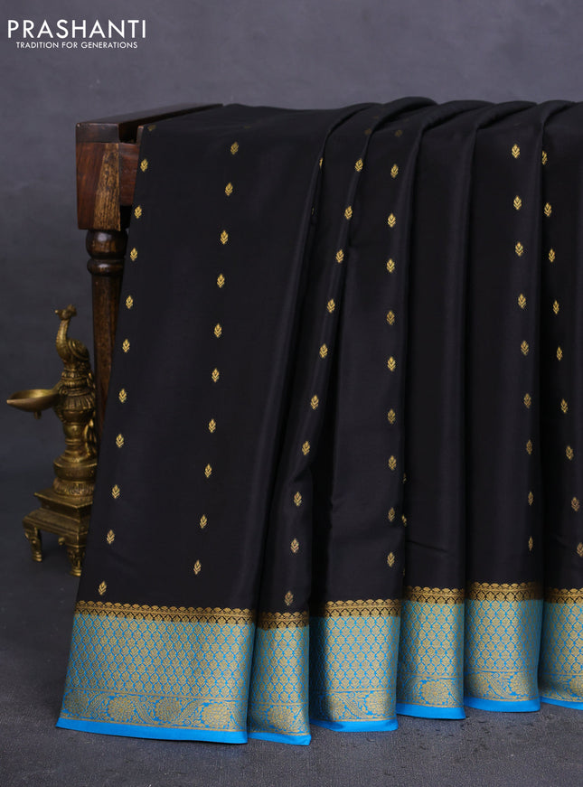 Pure mysore silk saree black and cs blue with allover zari woven buttas and zari woven border