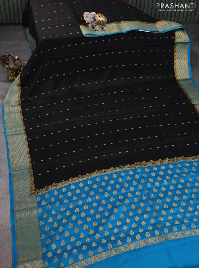 Pure mysore silk saree black and cs blue with allover zari woven buttas and zari woven border