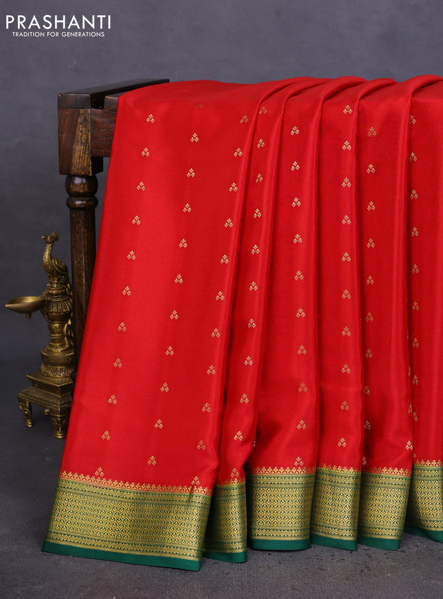 Pure mysore silk saree red and green with allover zari woven buttas and zari woven border