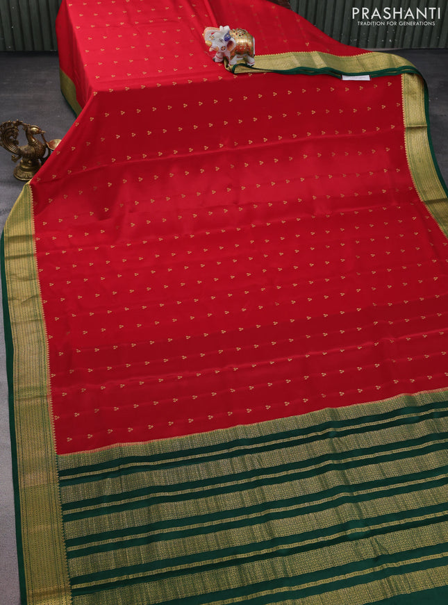 Pure mysore silk saree red and green with allover zari woven buttas and zari woven border