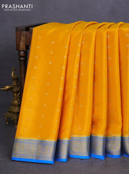 Pure mysore silk saree yellow and cs blue with allover zari woven buttas and zari woven border