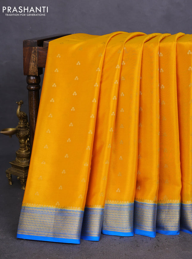 Pure mysore silk saree yellow and cs blue with allover zari woven buttas and zari woven border
