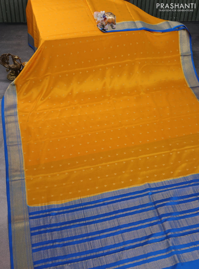 Pure mysore silk saree yellow and cs blue with allover zari woven buttas and zari woven border