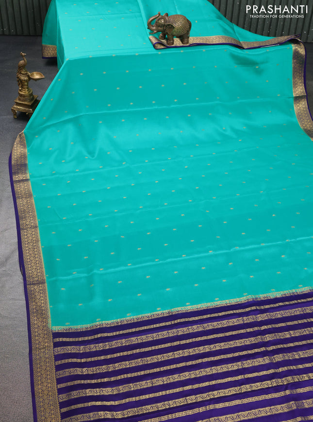 Pure mysore silk saree teal green and dark blue with allover zari woven buttas and zari woven border
