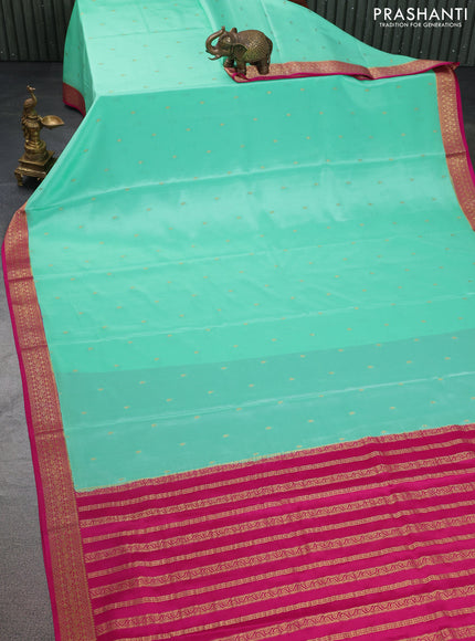 Pure mysore silk saree teal green and pink with allover zari woven buttas and zari woven border