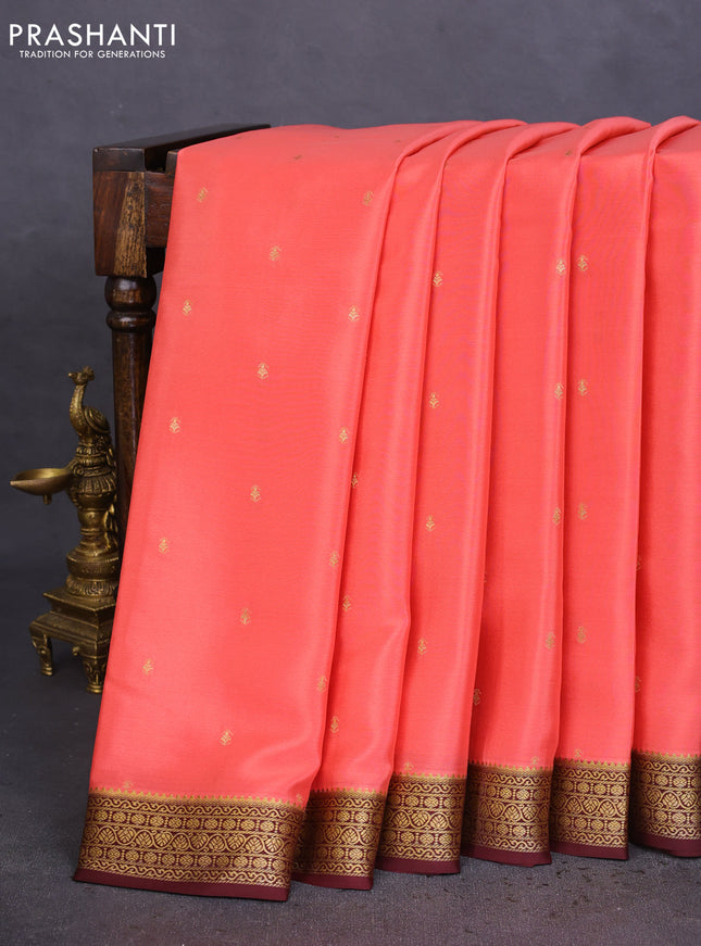 Pure mysore silk saree peach orange and brown with allover zari woven buttas and zari woven border