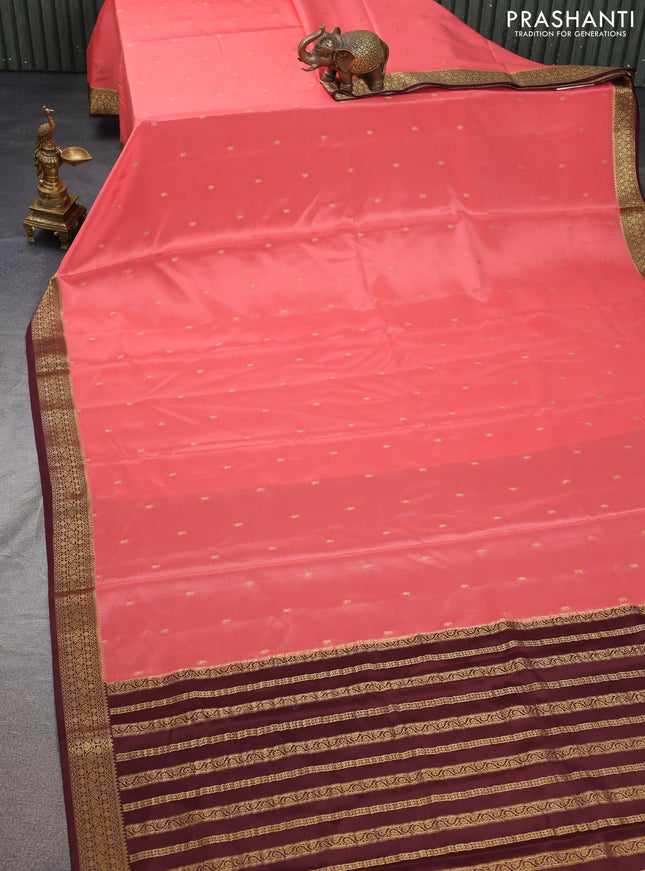 Pure mysore silk saree peach orange and brown with allover zari woven buttas and zari woven border