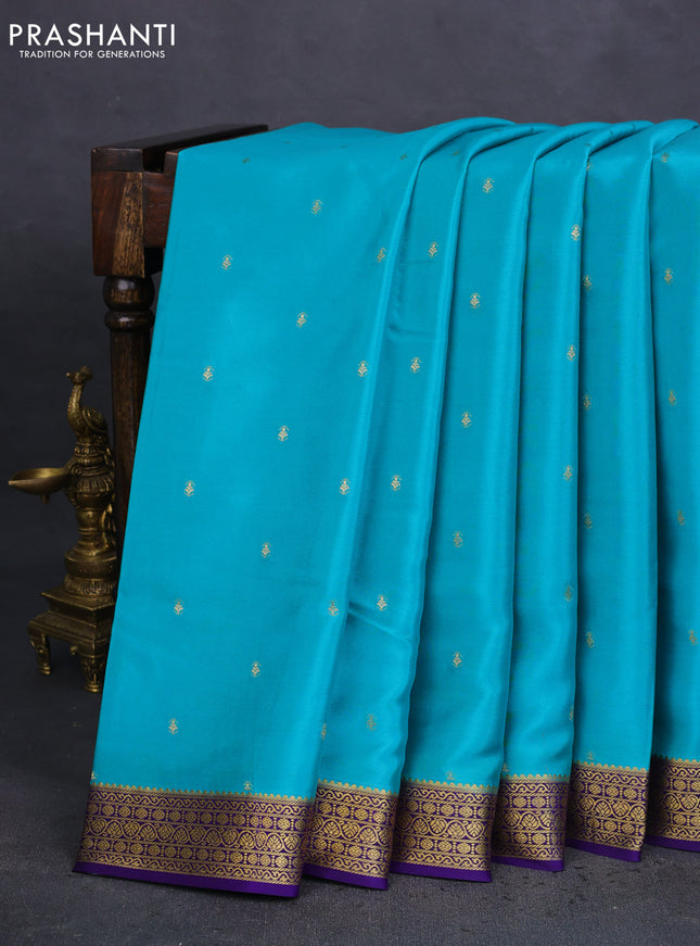 Pure mysore silk saree teal blue and violet with allover zari woven buttas and zari woven border