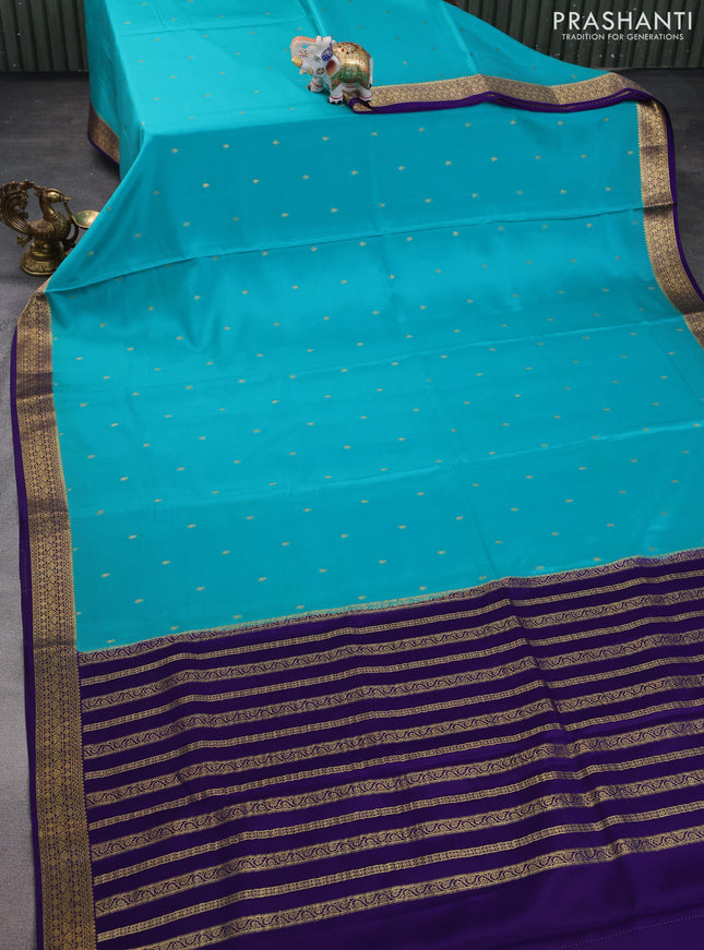 Pure mysore silk saree teal blue and violet with allover zari woven buttas and zari woven border