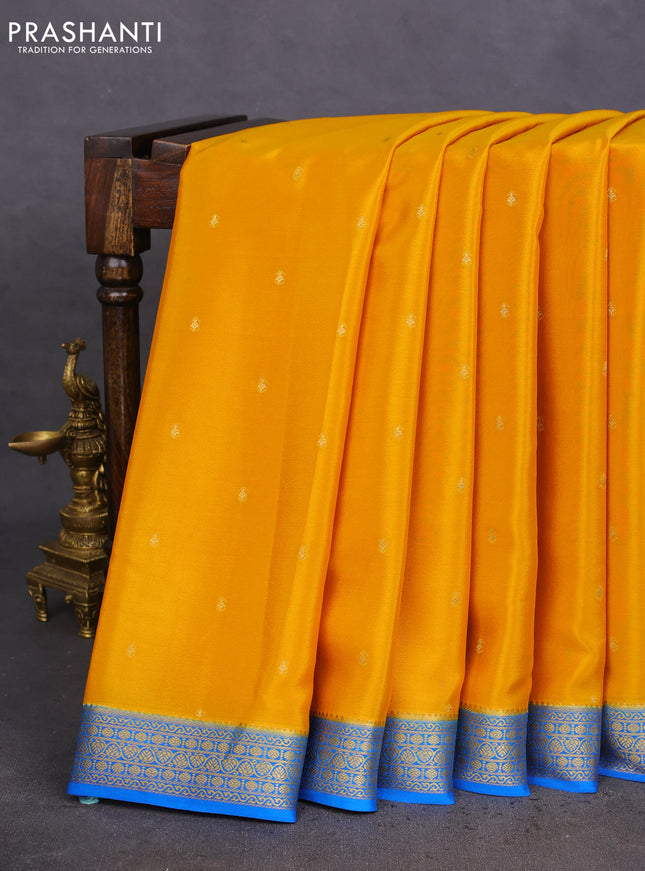 Pure mysore silk saree yellow and cs blue with zari woven buttas and zari woven border