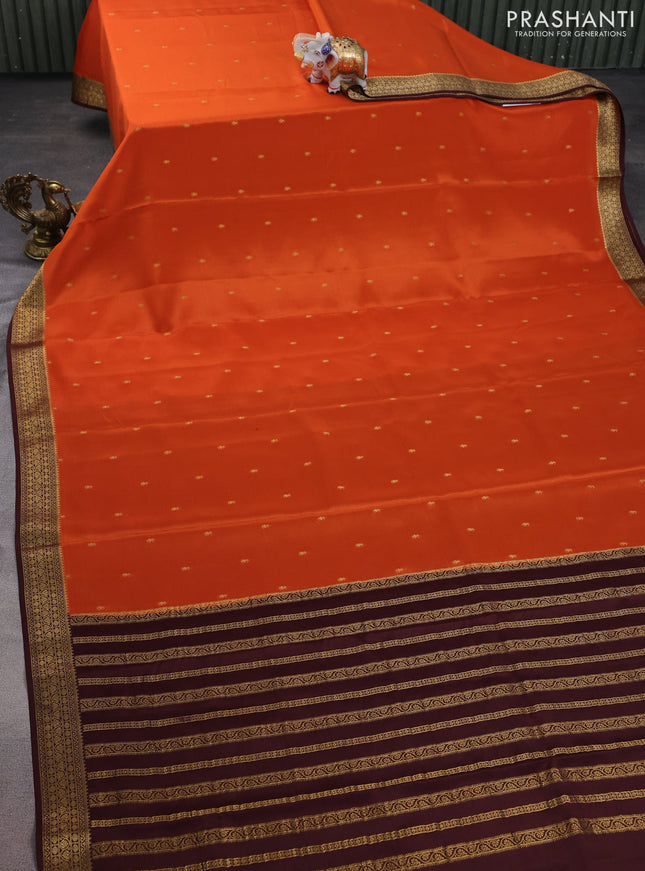 Pure mysore silk saree orange and coffee brown with allover zari woven buttas and zari woven border