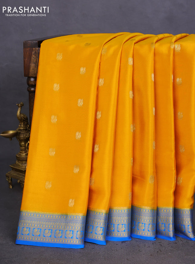 Pure mysore silk saree mango yellow and cs blue with allover zari woven annam buttas and zari woven border